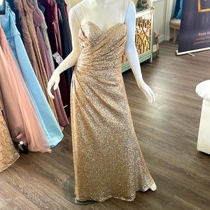 Classic floor length gold sequin gown strapless or with straps in size 12.
